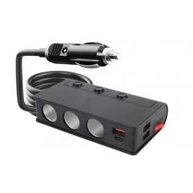 Adaptor priza auto cu 3 porturi, 180W, QC 3.0, 3 x USB, 1 x Type-C, Afisaj display voltaj, Incarcare rapida, 12V/24V, Negru Adaptor priza auto cu 3 porturi, 180W, QC 3.0, 3 x USB, 1 x
