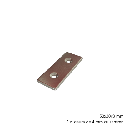 Magnet neodim 50x20x3 mm, 2 x gaura de 4 mm cu sanfren