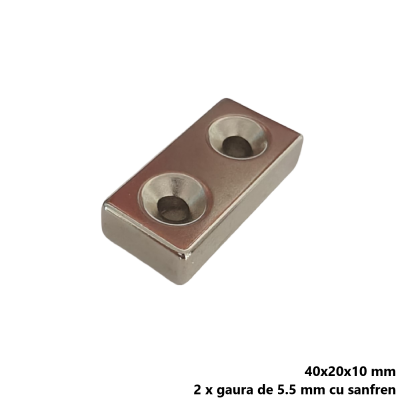 Magnet neodim 40x20x10 mm, 2 x gaura de 5.5 mm cu sanfren