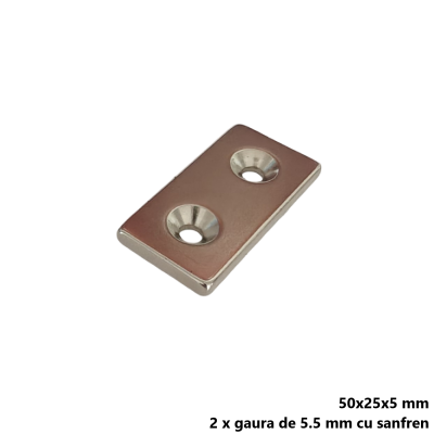 Magnet neodim 50x25x5 mm, 2 x gaura de 5.5 mm cu sanfren
