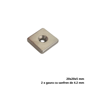 Magnet neodim 20x20x5 mm, 2 x gaura de 4.2 mm cu sanfren, patrat, argintiu, N35 Magnet neodim 20x20x5 mm, 2 x gaura de 4.2 mm cu sanfren