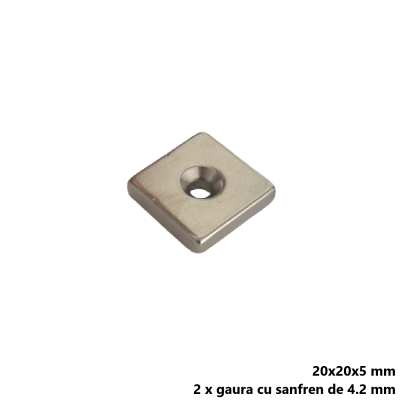 Magnet neodim 20x20x5 mm, 2 x gaura de 4.2 mm cu sanfren