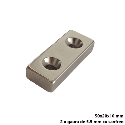 Magnet neodim 50x20x10 mm, 2 x gaura de 5.5 mm cu sanfren