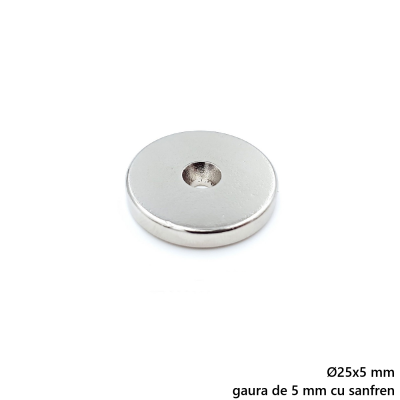 Magnet neodim 25x5 mm, gaura de 5 mm cu sanfren, disc, N35