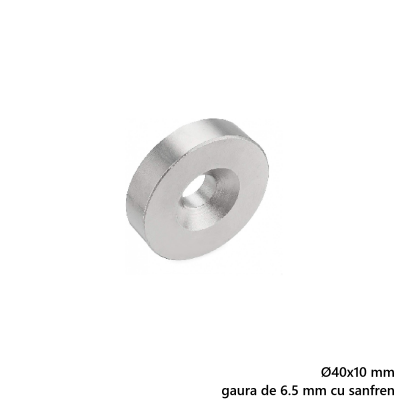 Magnet neodim 40x10 mm, gaura de 6.5 mm cu sanfren, disc, N35