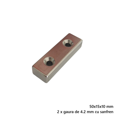 Magnet neodim 50x15x10 mm, 2 x gaura 4.2 de mm cu sanfren