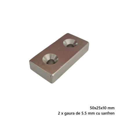 Magnet neodim 50x25x10 mm, 2 x gaura de 5.5 mm cu sanfren