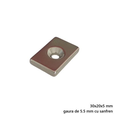 Magnet neodim 30x20x5 mm, gaura de 5.5 mm cu sanfren