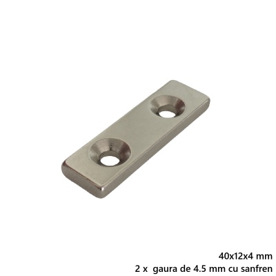 Magnet neodim 40x12x4 mm, 2 x gaura de 4.5 mm cu sanfren