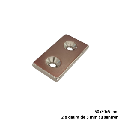 Magnet neodim 50x30x5 mm, 2 x gaura de 5 mm cu sanfren