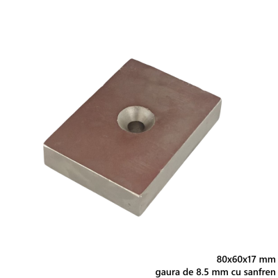 Magnet neodim 80x60x17 mm, gaura de 8.5 mm cu sanfren