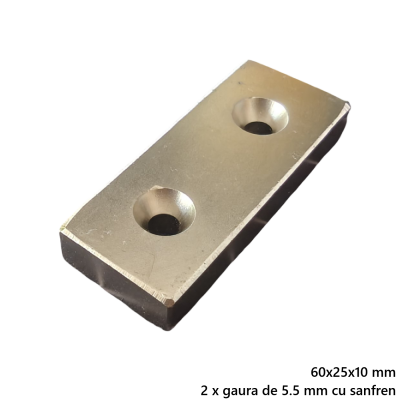 Magnet neodim 60x25x10 mm, 2 x gaura de 5.5 mm cu sanfren