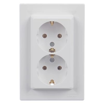 Priza schuko dubla Schneider Electric Asfora EPH9900121, incastrata, rama inclusa, contact de protectie, alb