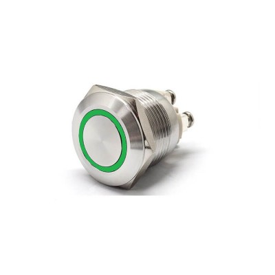 Buton Push Metalic, 12V DC, 19mm, fara Retinere, Led Verde